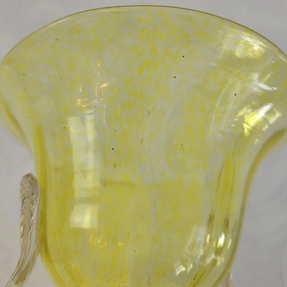 Vintage Yellow Blown Glass Trophy‎ Vase MCM Clear Leaf Handles 6.75in Art Glass